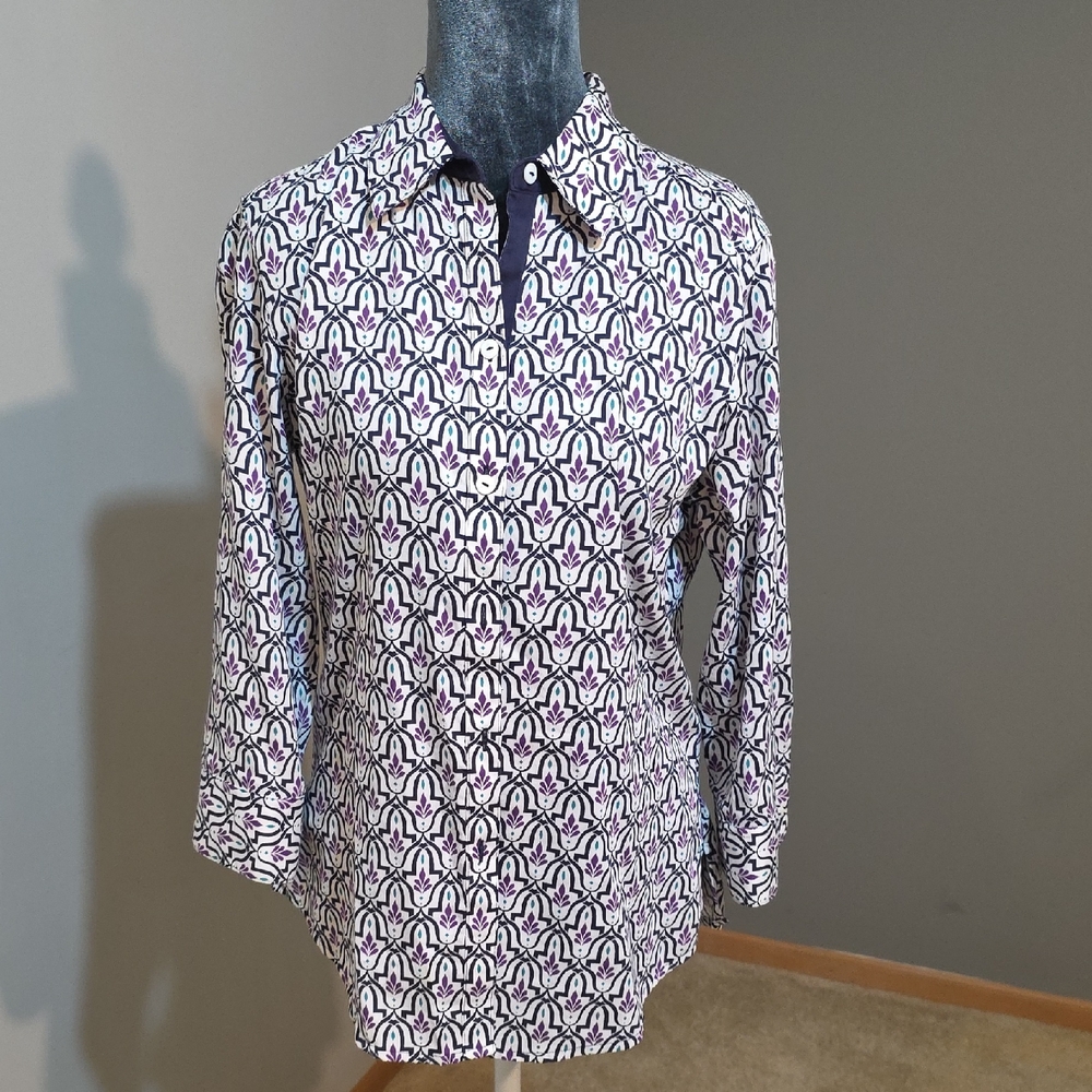 Foxcroft NYC Wrinkle Free Purple Navy Geometric Print Tunic Blouse | Size‎ 6